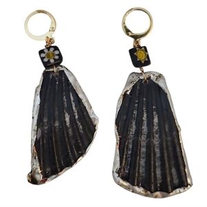 18K Gold Millefiori Lampwork Floral Broken Shell Earrings